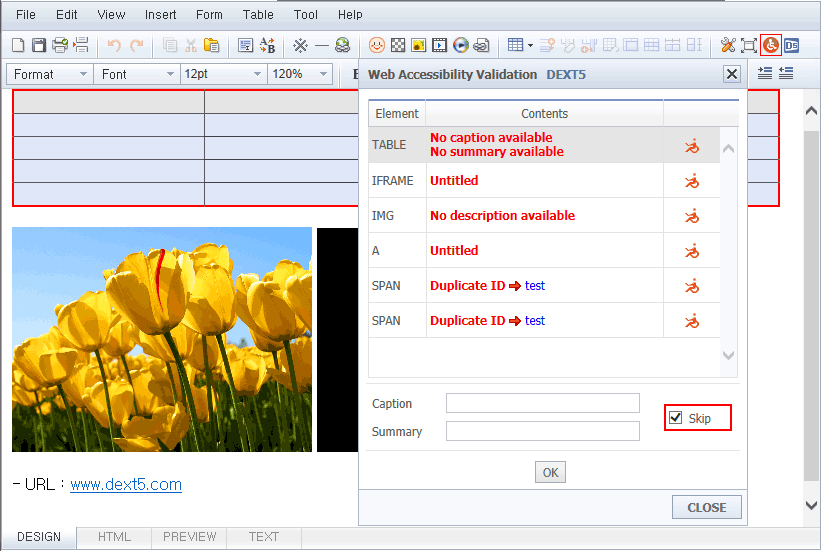 Left Blank Check Web Accessibility Validation view